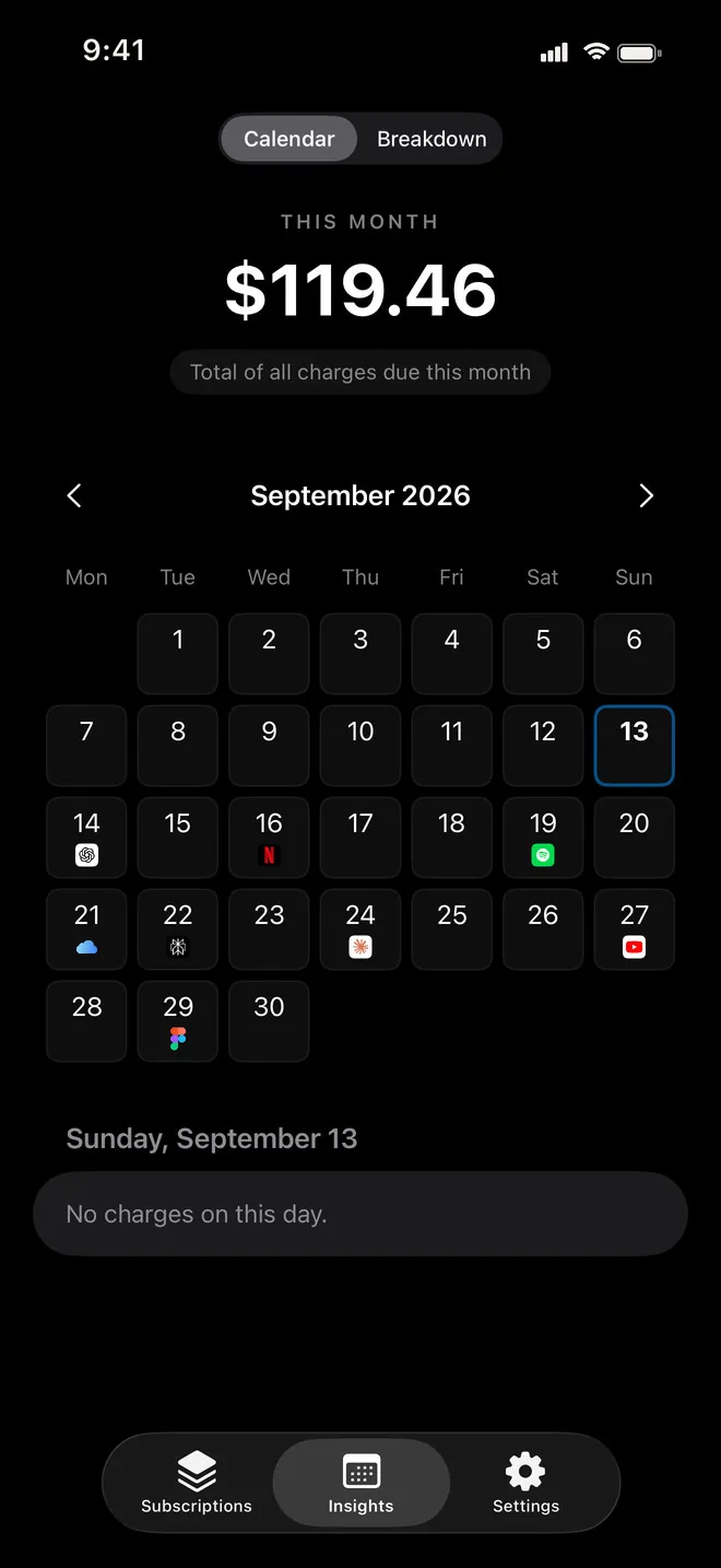 Insights calendar for September 2026: $119.46 due this month, with ChatGPT, Netflix, Spotify, iCloud, Perplexity, Claude, YouTube and Figma logos on the days they charge