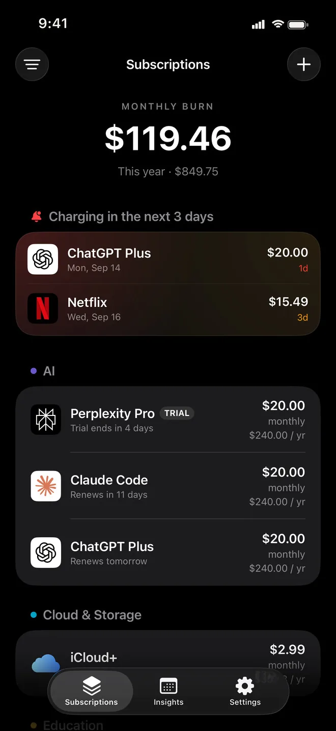 Renewly Subscriptions screen: a monthly burn of $119.46, ChatGPT Plus and Netflix charging in the next 3 days, then Perplexity Pro on a trial, Claude Code and ChatGPT Plus grouped under AI